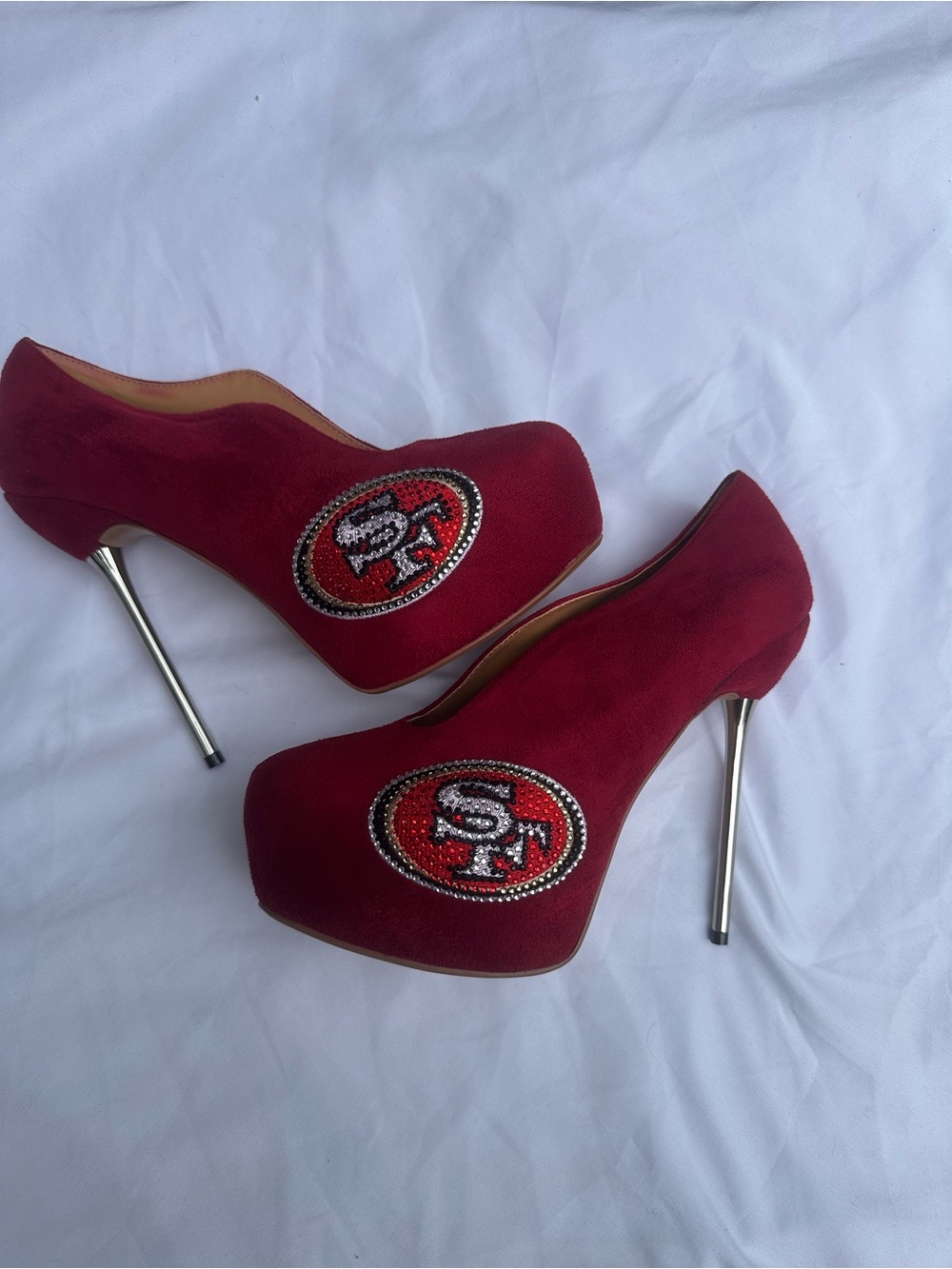 Women’s NFL 49ers Red High Heel Platform Pumps with jewel Logo